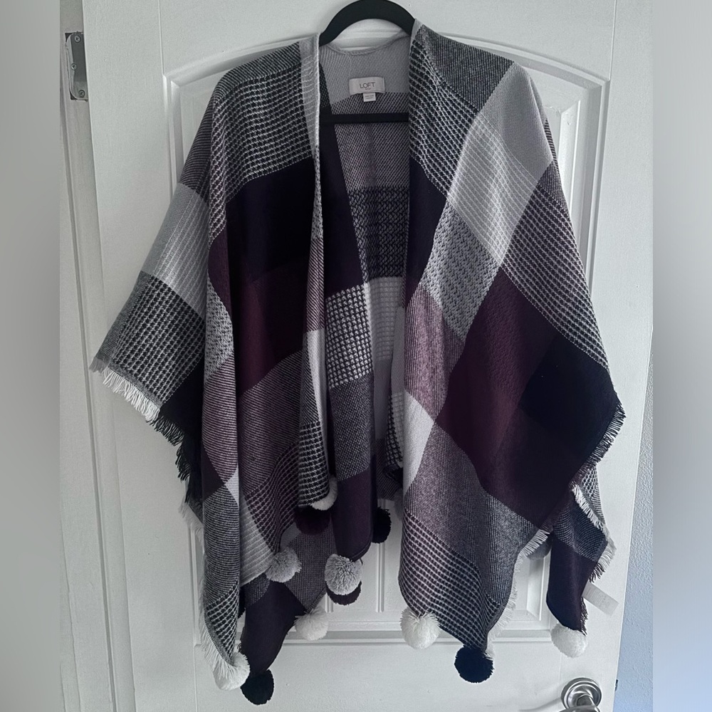 Loft Plaid Pom Poncho